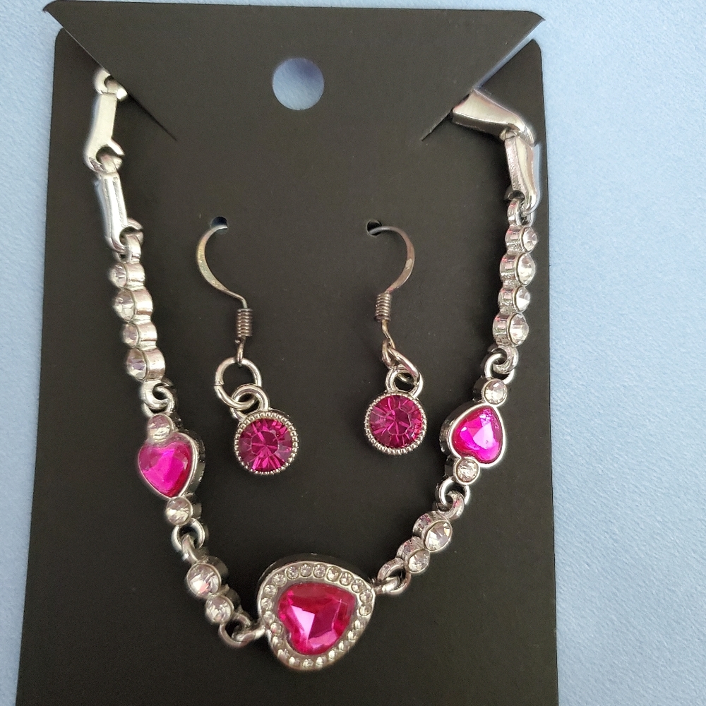 Pink heart Bracelet & round earrings
